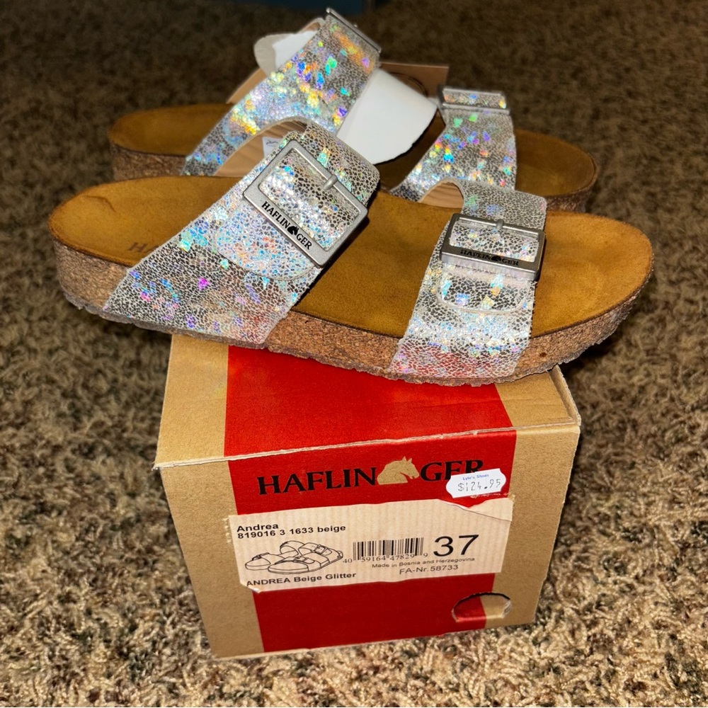 Haflinger Women’s 37 6 Andrea Beige Glitter Leather Slide Sandals Cork Footbed
